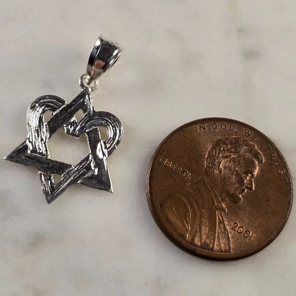 Sterling Silver Jewish Judaica Star of David Heart Pendant 1.0g E4760 - Picture 3 of 3
